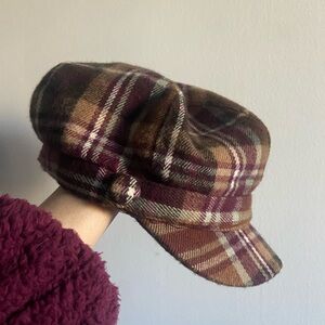 2000s Y2K Plaid Baker Boy Cap in Burgundy and Brown